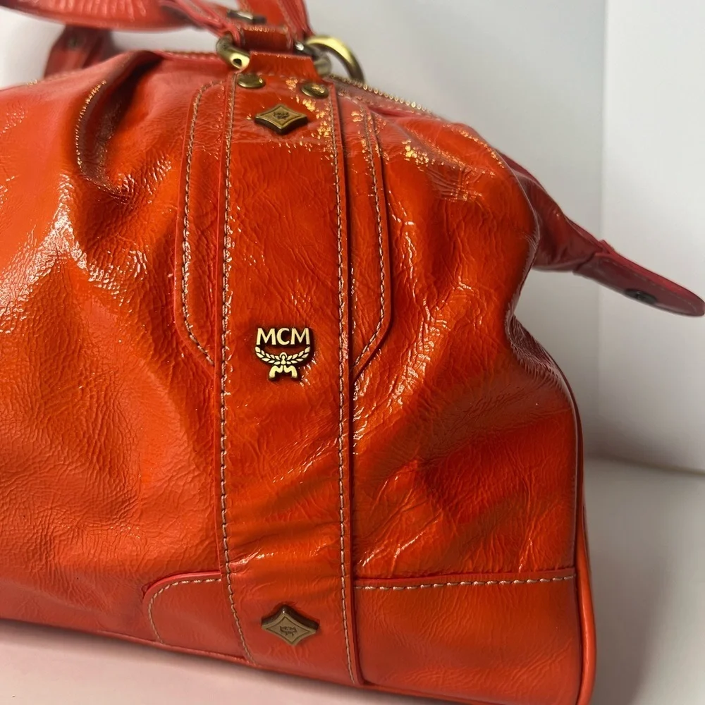 MCM Orange Patent Leather Top Zipper Silver Studded Accent Satchel/Handbag‎ 🧡
